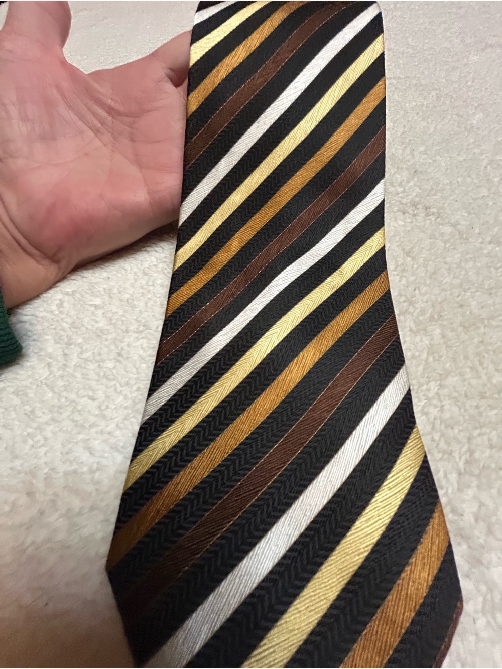 🎁3 for $30 - Striped Necktie in Black, Gold, Brown and White